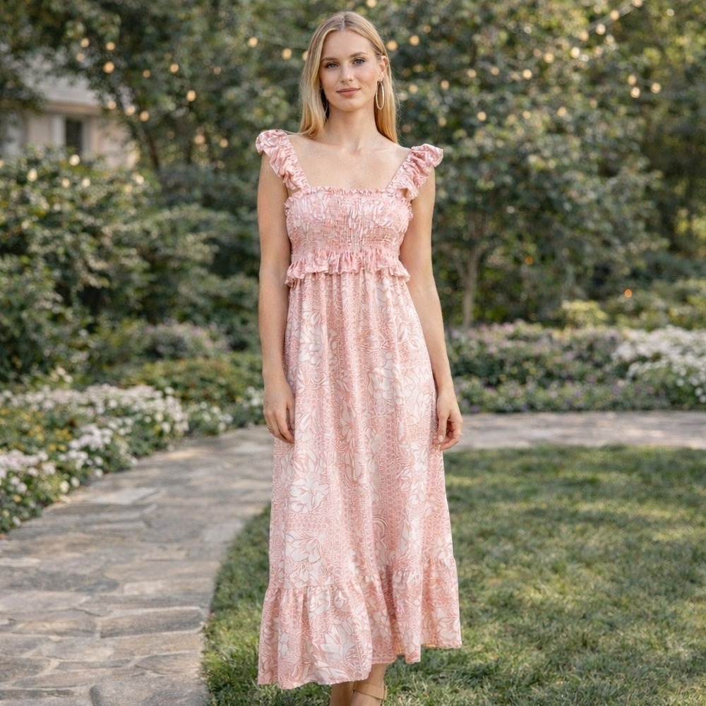 Frances Hart Smocked Ruffle Sleeve Maxi Dress Italy Maternity Friendly XS